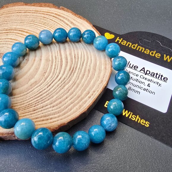 Blue Apatite ✦ Handmade Bracelet ✦ 8mm Beads Elastic Gemstone Jewelry NWT - Picture 8 of 9